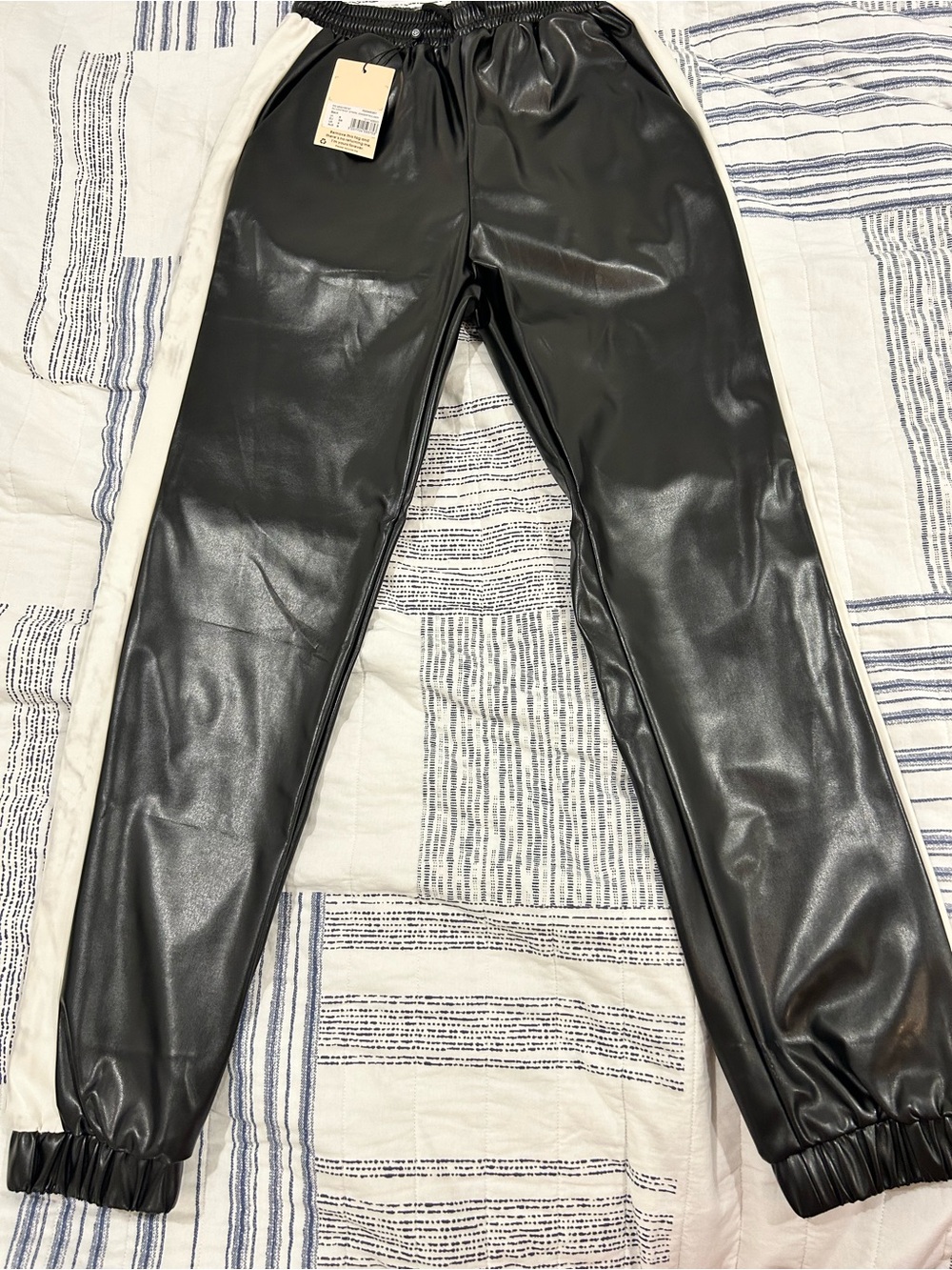 Missguided Black Faux Leather Joggers with White Side Stripe